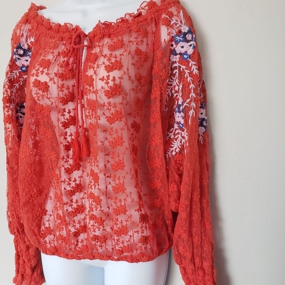 Free People Women's Jubilee Medium Coral Lace Long Sleeve Blouse Embroidered Top - Picture 4 of 10